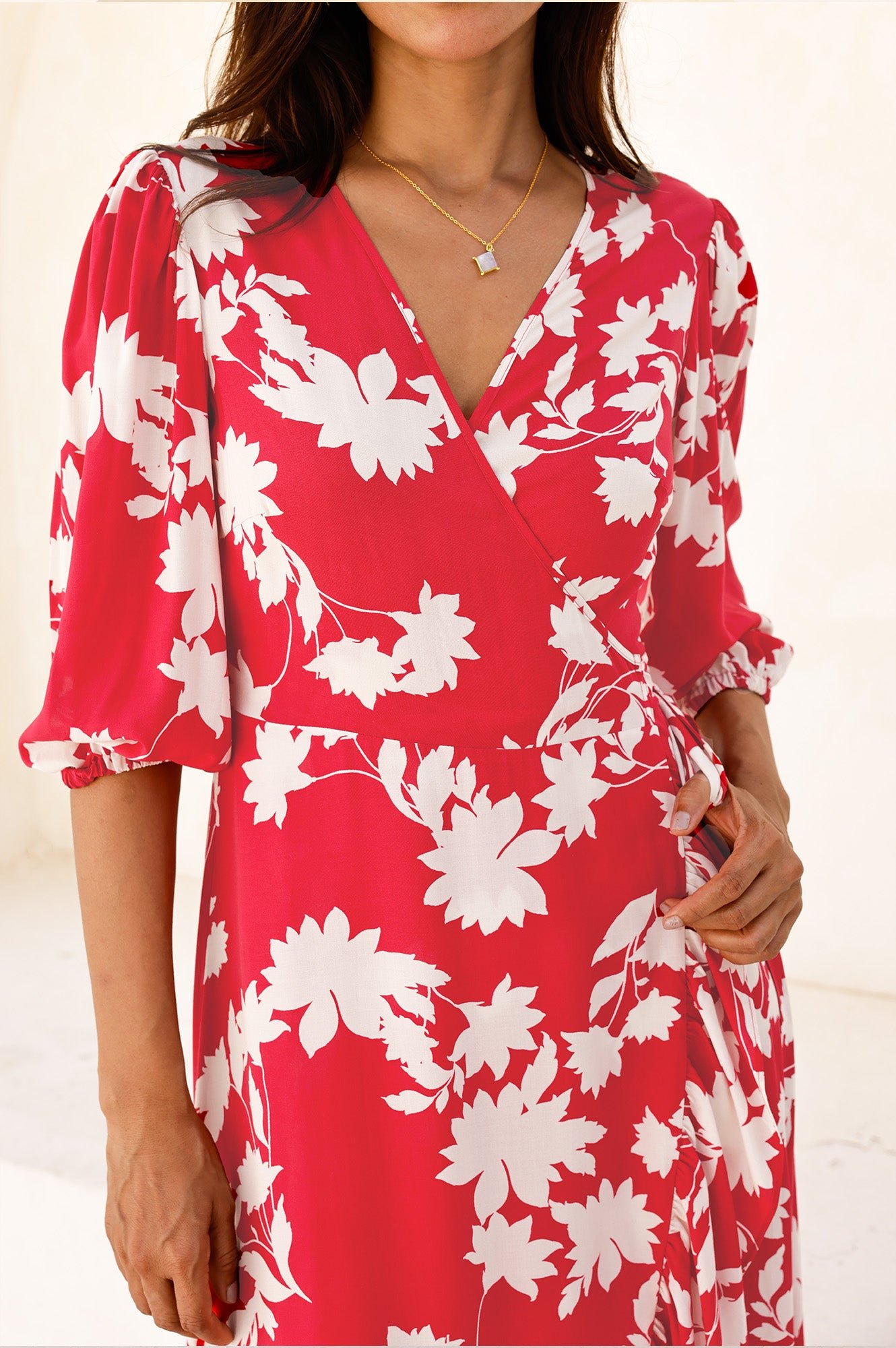 Ella EcoVero™ 3/4 Length Sleeve Wrap Dress | Red/Cream - Image 4