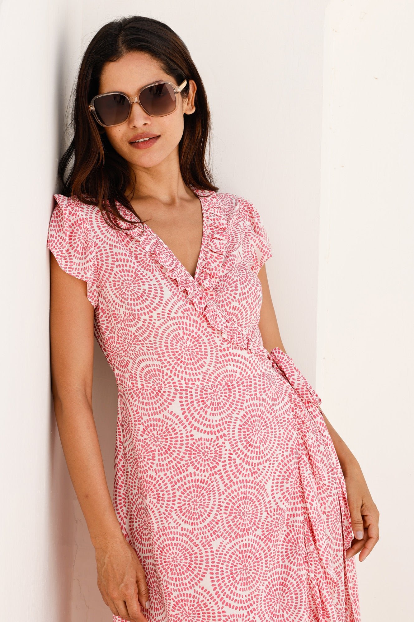 Demi EcoVero™ Wrap Dress | White/Pink - Image 2