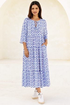 Emma EcoVero™ Midi Dress | Ikat Blue/White