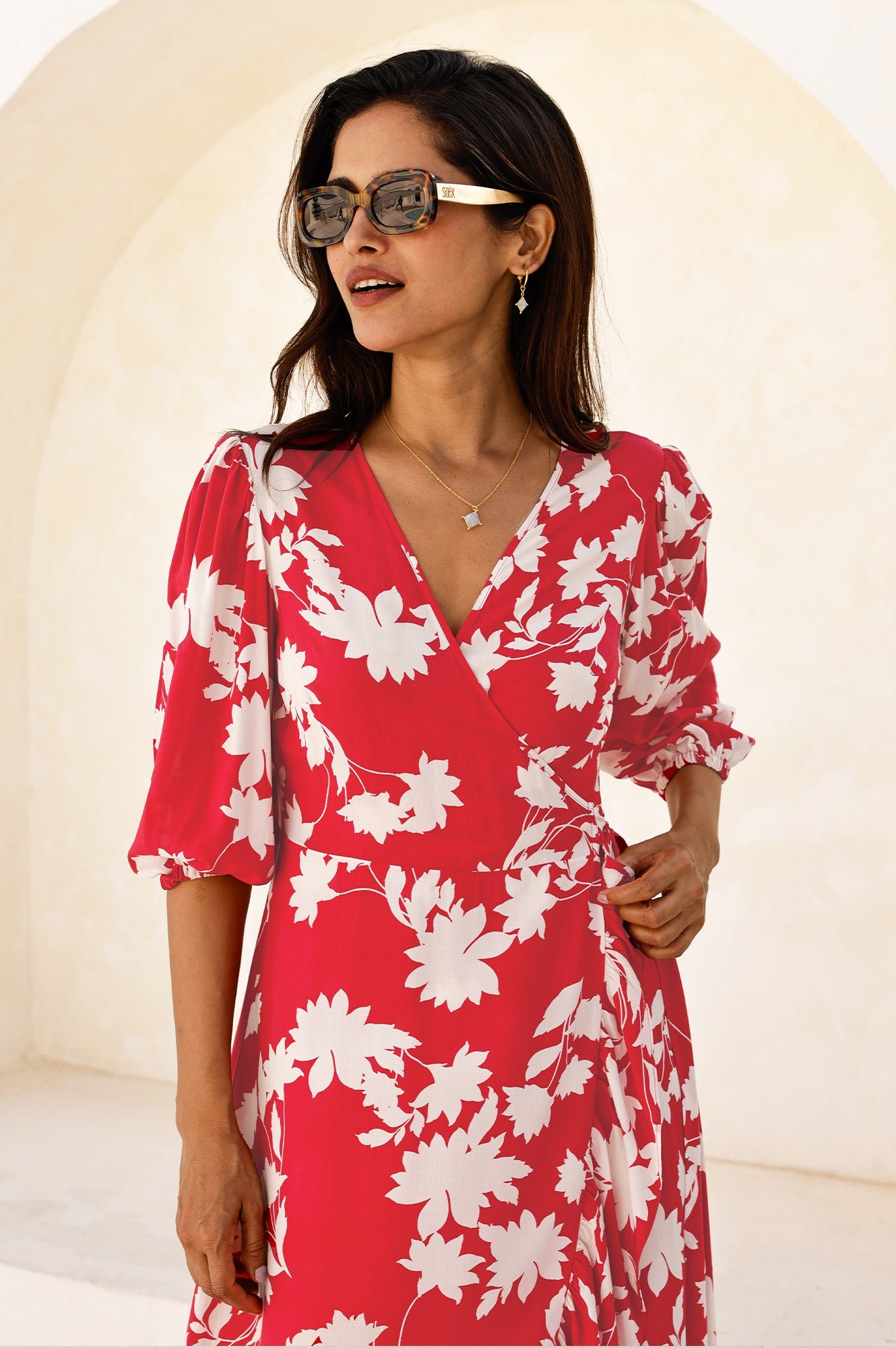 Ella EcoVero™ 3/4 Length Sleeve Wrap Dress | Red/Cream - Image 5