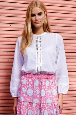 Cotton Dobby Lace Insert Blouse | White
