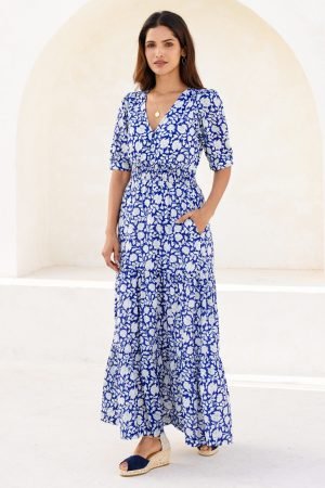 Billie Short Sleeve Organic Cotton Dress | Blue/White
