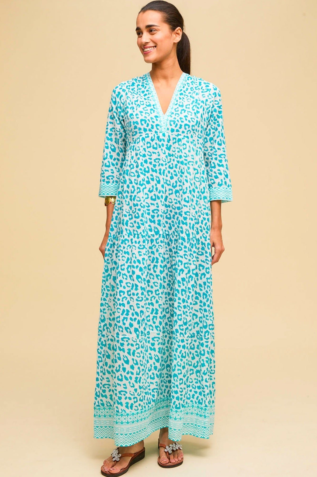 Mykonos Organic Cotton Maxi Beach Dress | Soft Cheetah White/Turquoise - Image 4