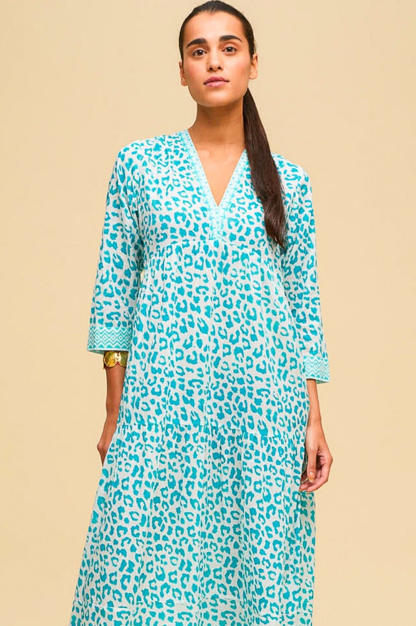 Mykonos Organic Cotton Maxi Beach Dress | Soft Cheetah White/Turquoise - Image 5