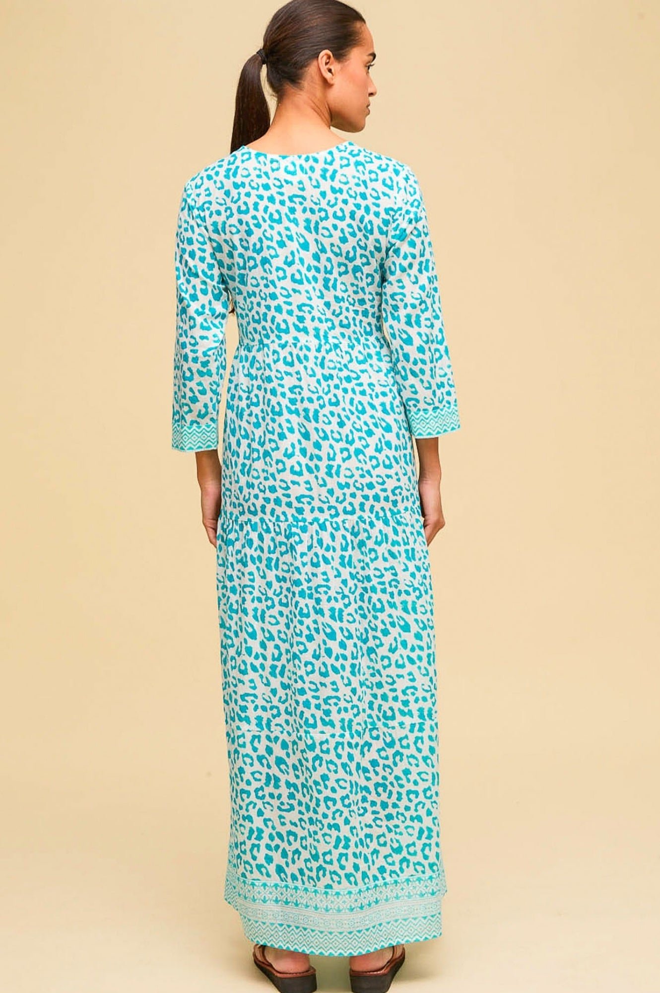 Mykonos Organic Cotton Maxi Beach Dress | Soft Cheetah White/Turquoise - Image 8